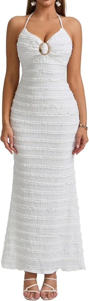 HTZMO Women Elegant Summer Casual Bodycon Maxi Dress Sexy V Neck Halter Ruffle Wedding Guest Formal Long Dresses