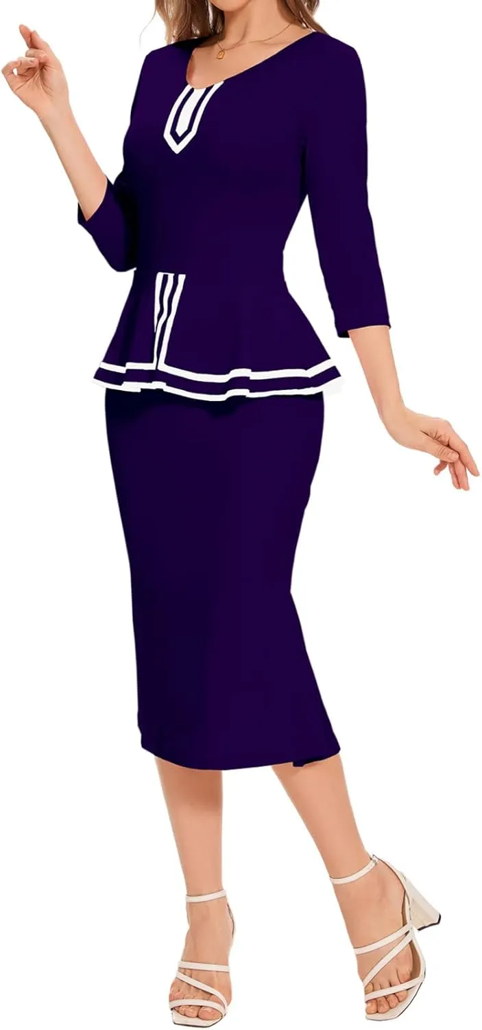 HugeNice Women's Business Work Midi Dress Elegant Bodycon Fishtail Dress Formal Church Wedding Guest Dresses