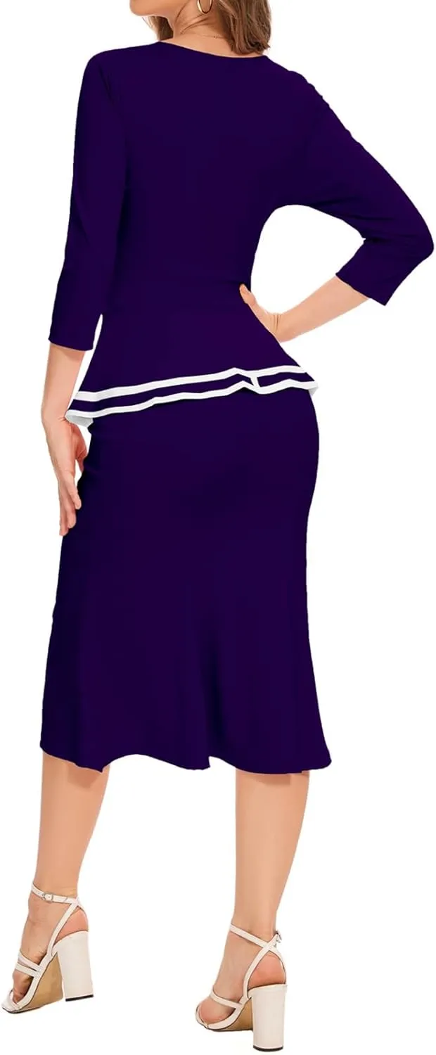HugeNice Women's Business Work Midi Dress Elegant Bodycon Fishtail Dress Formal Church Wedding Guest Dresses