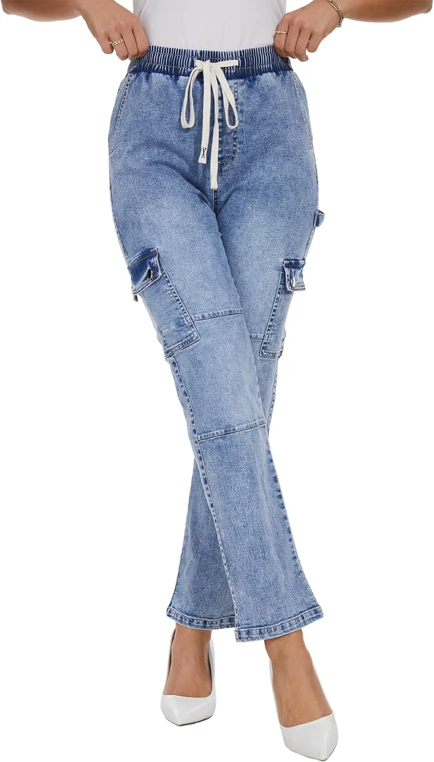 HVEPUO Womens Pants Casual Straight Leg Cargo Pants High Waisted Jeans for Women with Pockets
