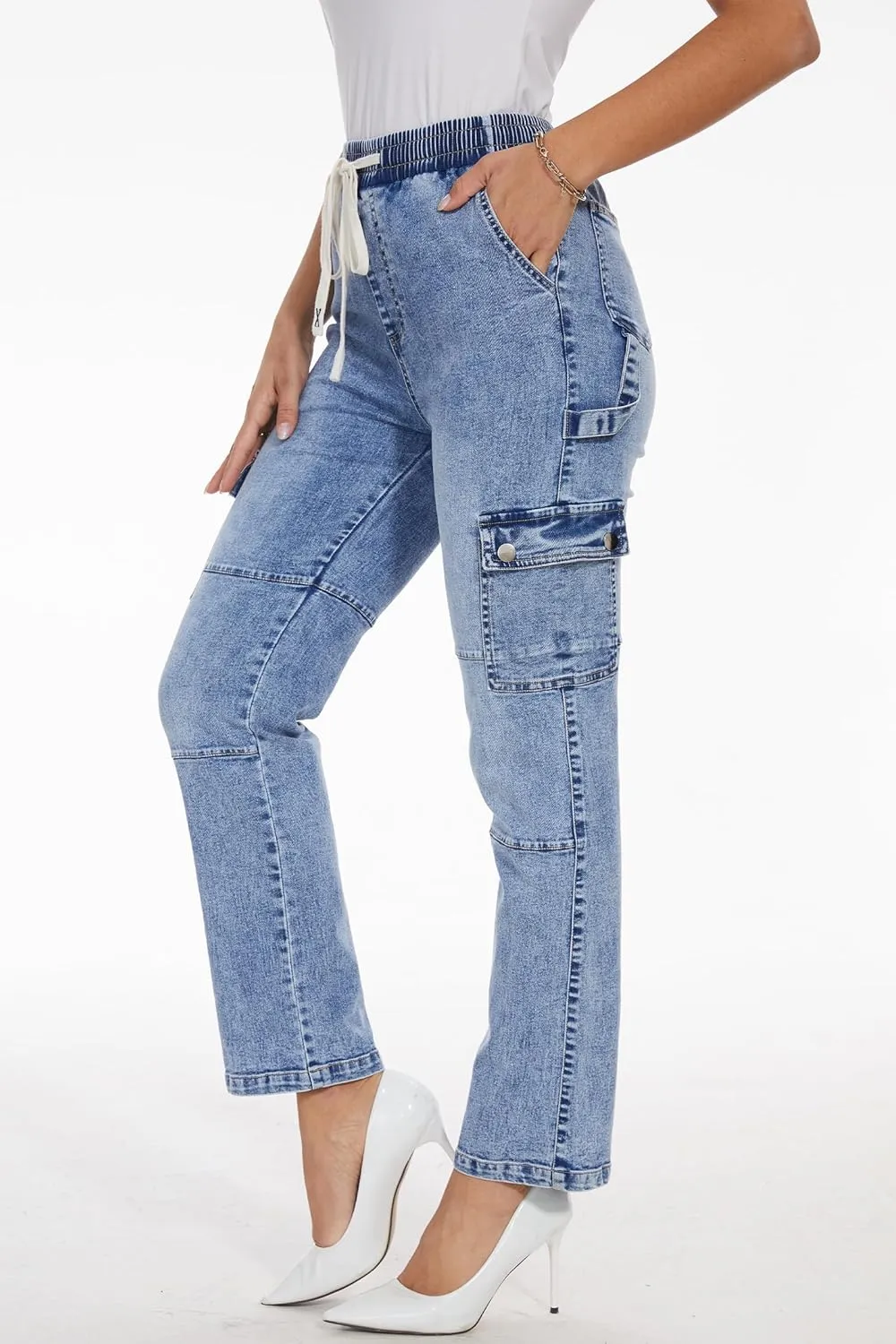 HVEPUO Womens Pants Casual Straight Leg Cargo Pants High Waisted Jeans for Women with Pockets
