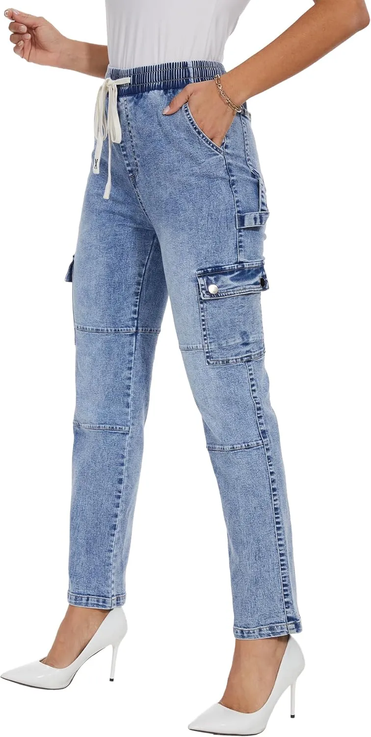 HVEPUO Womens Pants Casual Straight Leg Cargo Pants High Waisted Jeans for Women with Pockets