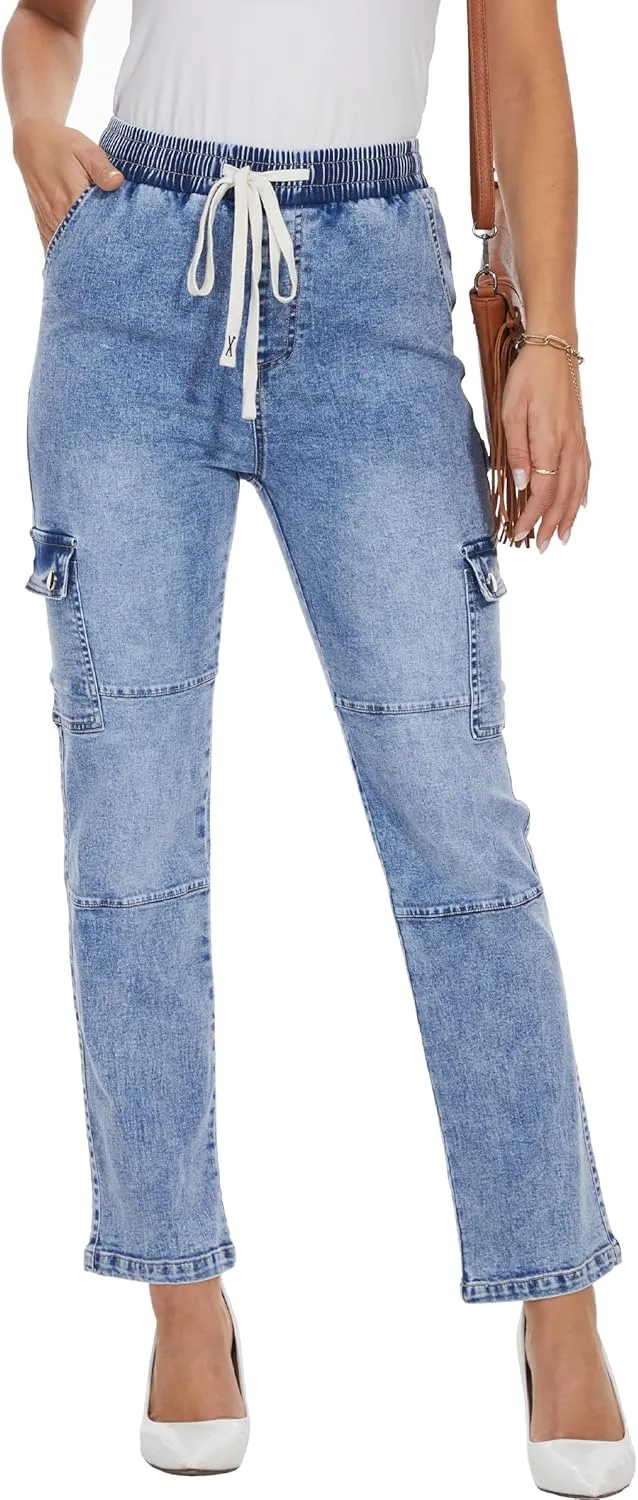 HVEPUO Womens Pants Casual Straight Leg Cargo Pants High Waisted Jeans for Women with Pockets