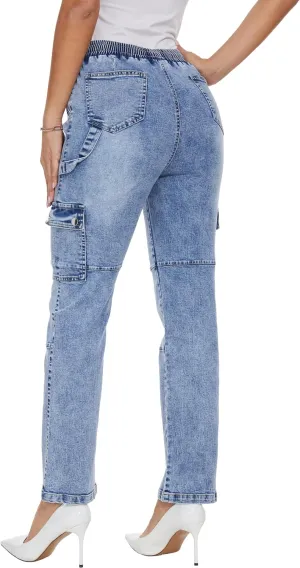 HVEPUO Womens Pants Casual Straight Leg Cargo Pants High Waisted Jeans for Women with Pockets