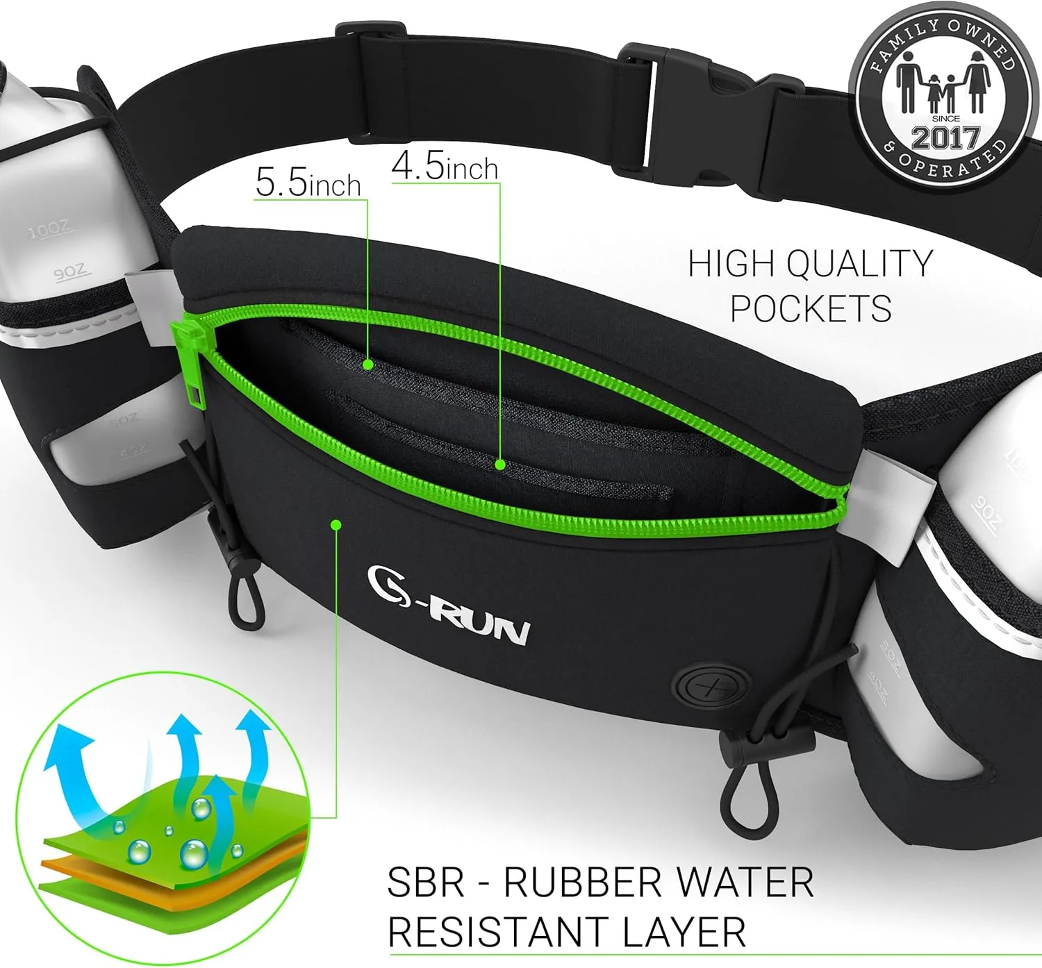 Hydration Running Belt with 2x10oz Bottles - Water Belts for Woman and Men - iPhone Belt for Any Phone Size - Fuel Marathon Waist Pouch for Runners - Jogging Cycling Biking