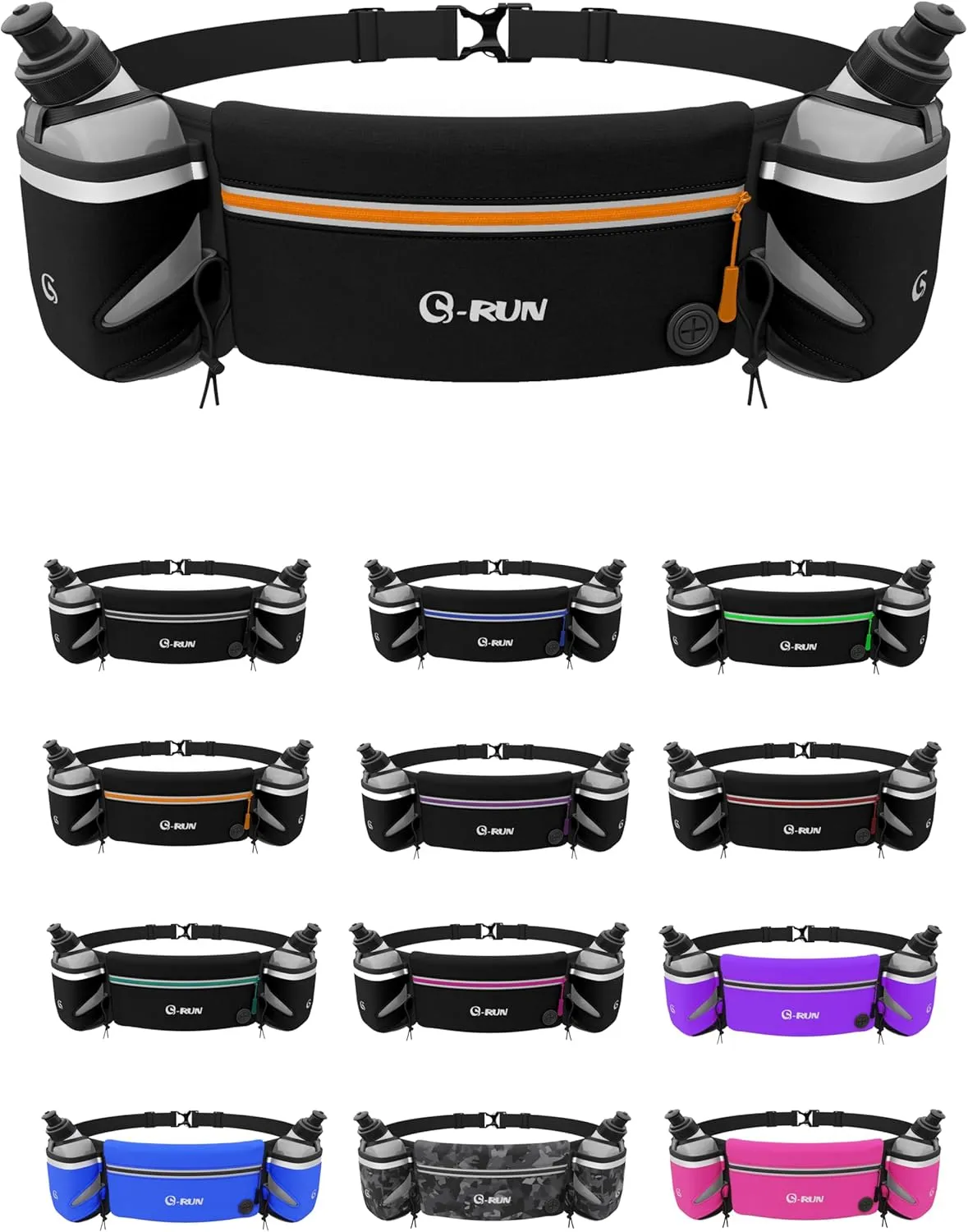 Hydration Running Belt with 2x10oz Bottles - Water Belts for Woman and Men - iPhone Belt for Any Phone Size - Fuel Marathon Waist Pouch for Runners - Jogging Cycling Biking