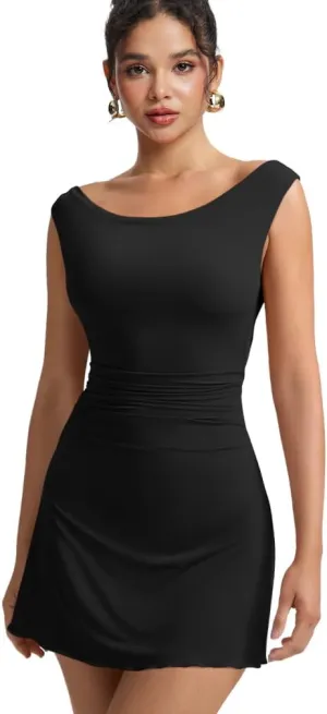 HYZ Women's Sexy Sleeveless Boat Neck Off The Shoulder Ruched A Line Stretch Comfort Mini Dress