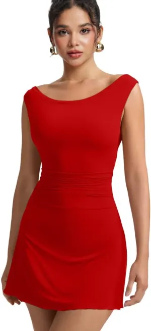 HYZ Women's Sexy Sleeveless Boat Neck Off The Shoulder Ruched A Line Stretch Comfort Mini Dress