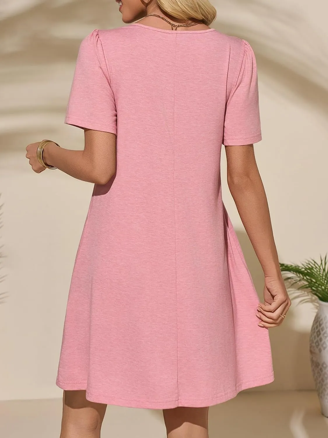 Imily Bela Womens Summer Casual T Shirt Dress Short Sleeve Crewneck Pleated Front Loose Beach Flowy Mini Dresses