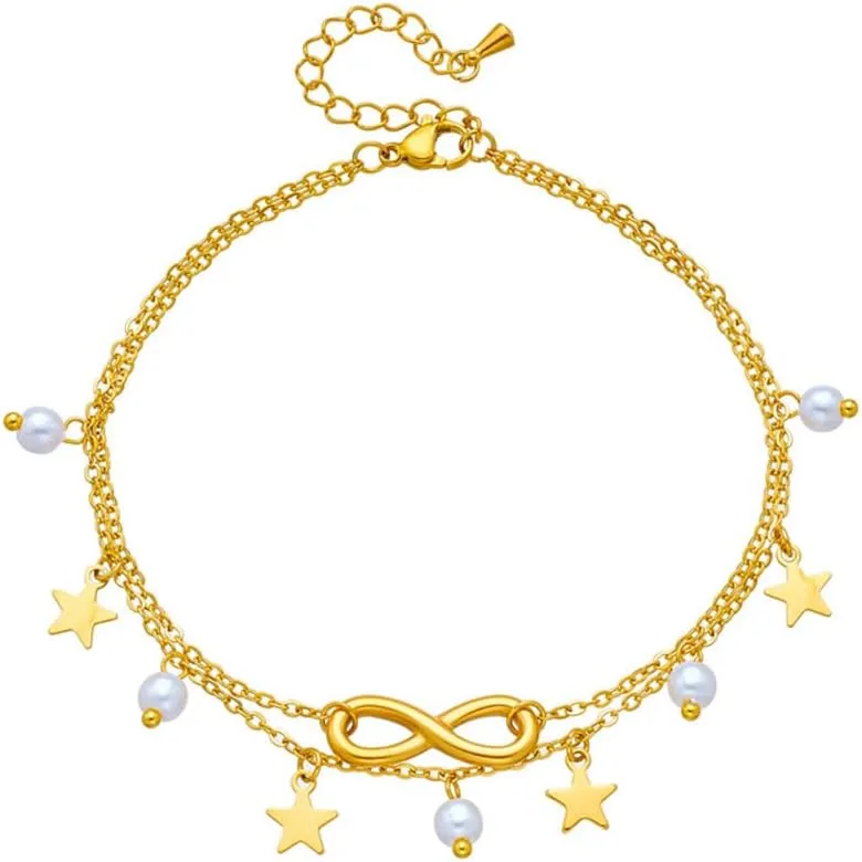 Infinity Dangle Star Pearl Drop Anklet for Women Endless Love Double Layered Chains Link Ankle Vintage Stacking Bracelet Jewelry