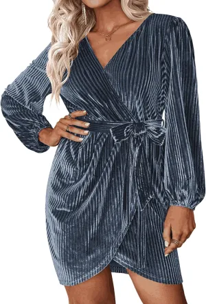 IN'VOLAND Womens Plus Size Long Sleeve Wrap Semi Formal Velvet Mini Dress Sexy V Neck Cocktail Party Midi Dress