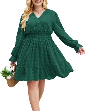 IN'VOLAND Women's Plus Size Swiss Dot Dress Long Sleeve V Neck Chiffon Smocked Short Dress Flowy Ruffle Babydoll Midi Dresses