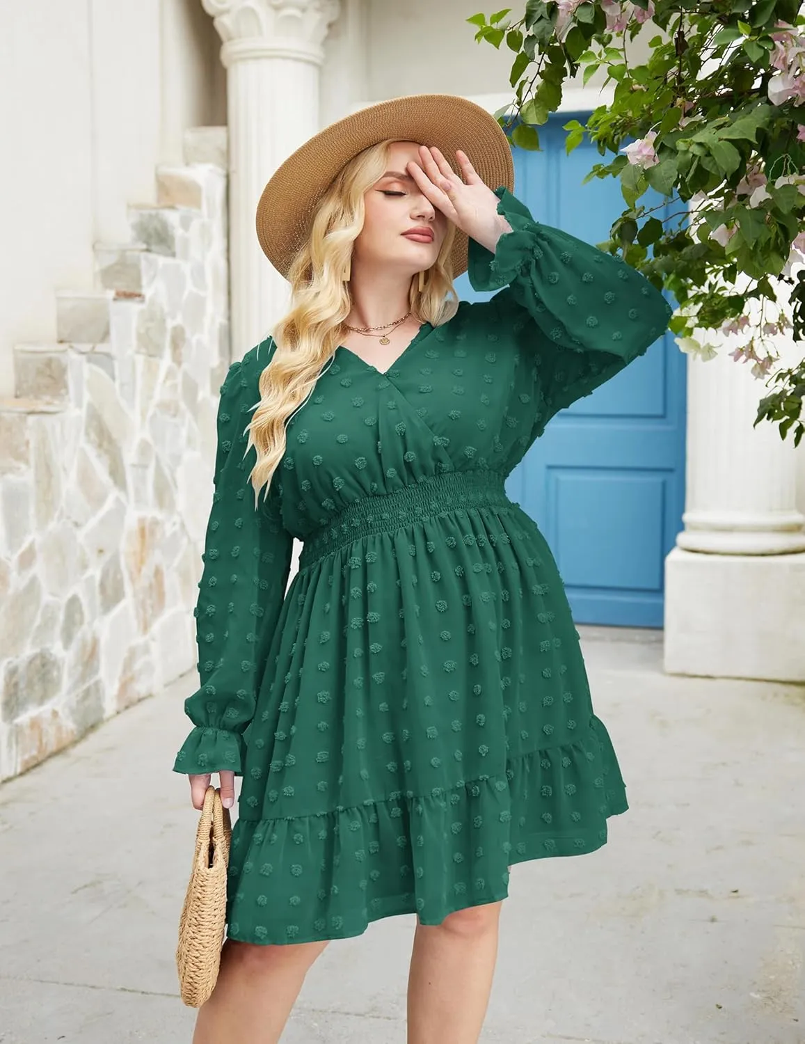 IN'VOLAND Women's Plus Size Swiss Dot Dress Long Sleeve V Neck Chiffon Smocked Short Dress Flowy Ruffle Babydoll Midi Dresses