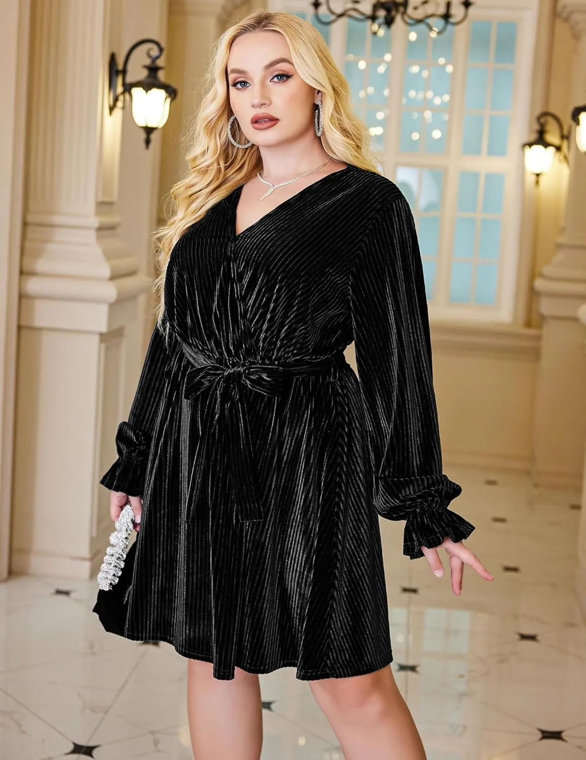 IN'VOLAND Women's Plus Size Velvet Dress Wrap Sexy V Neck Flared Cocktail Party Dresses Long Sleeve Semi Formal Mini Dress