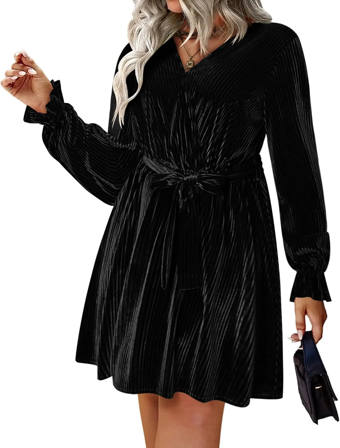 IN'VOLAND Women's Plus Size Velvet Dress Wrap Sexy V Neck Flared Cocktail Party Dresses Long Sleeve Semi Formal Mini Dress