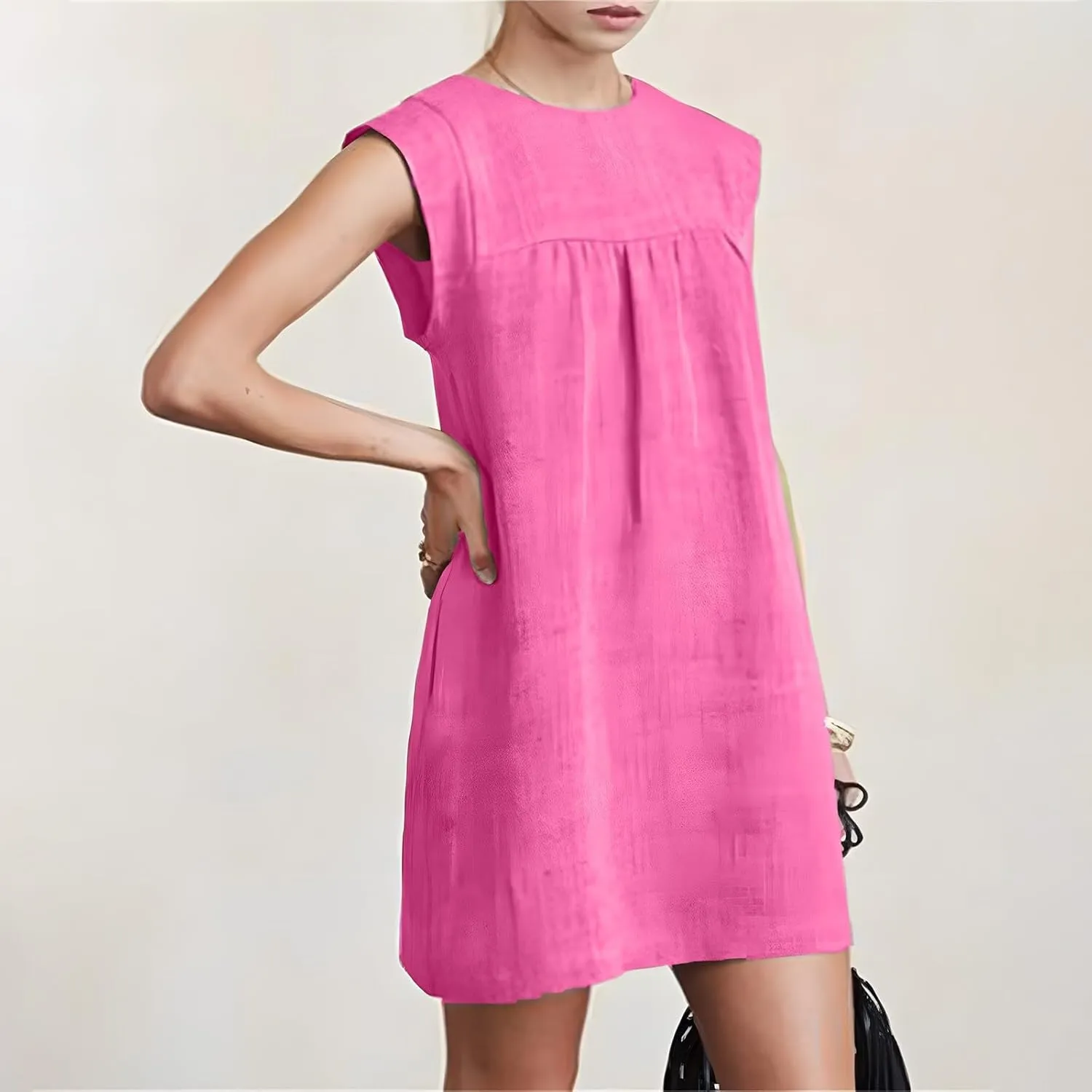 JOAU Womens Crew Neck Sleeveless Cotton Linen Tank Dress Casual Loose Shift Tunic Mini Dresses Summer Beach Vacation Sundress