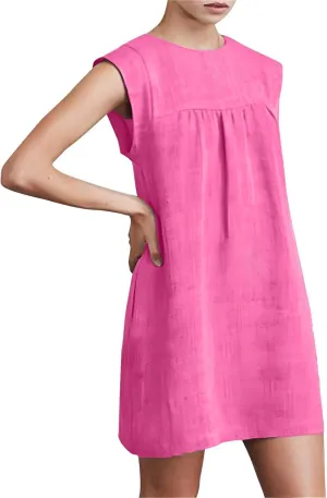 JOAU Womens Crew Neck Sleeveless Cotton Linen Tank Dress Casual Loose Shift Tunic Mini Dresses Summer Beach Vacation Sundress