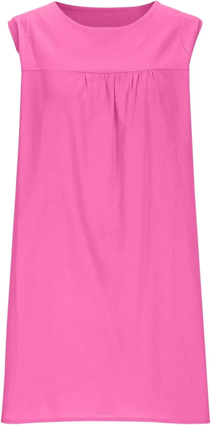 JOAU Womens Crew Neck Sleeveless Cotton Linen Tank Dress Casual Loose Shift Tunic Mini Dresses Summer Beach Vacation Sundress