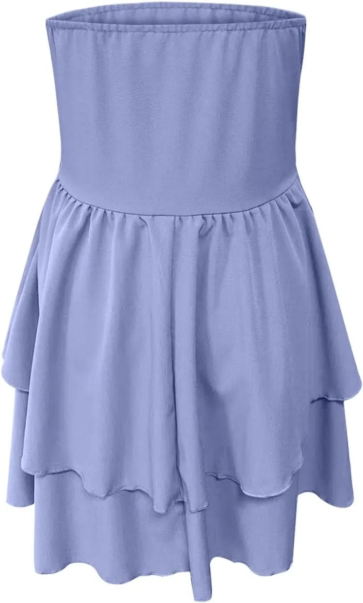 JOAU Women's Sexy Strapless Mini Dress Summer Sleeveless Layered Ruffle A-Line Short Dresses Casual Club Party Tube Top Dress
