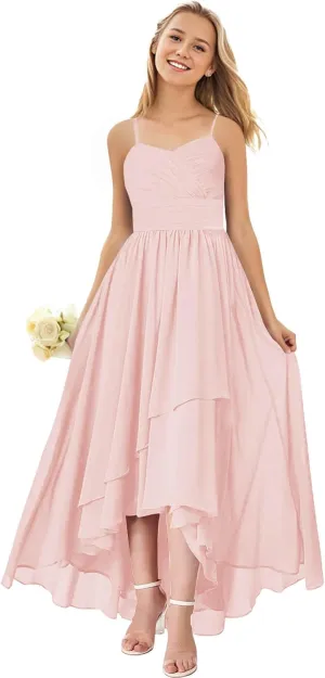Junior Bridesmaid Dresses for Wedding High Low Chiffon Pleated Spaghetti Straps Formal Party Gown