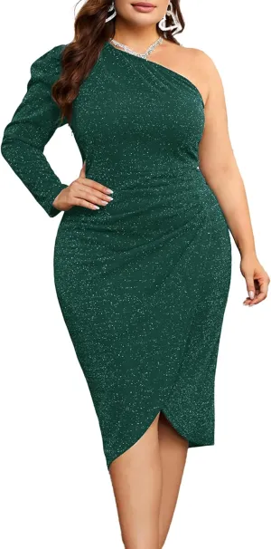 KIMCURVY Women's Plus Size Formal Dress Glitter Cocktail One Shoulder Dresses Ruched Wrap Sparkly Party Midi Bodycon Dress