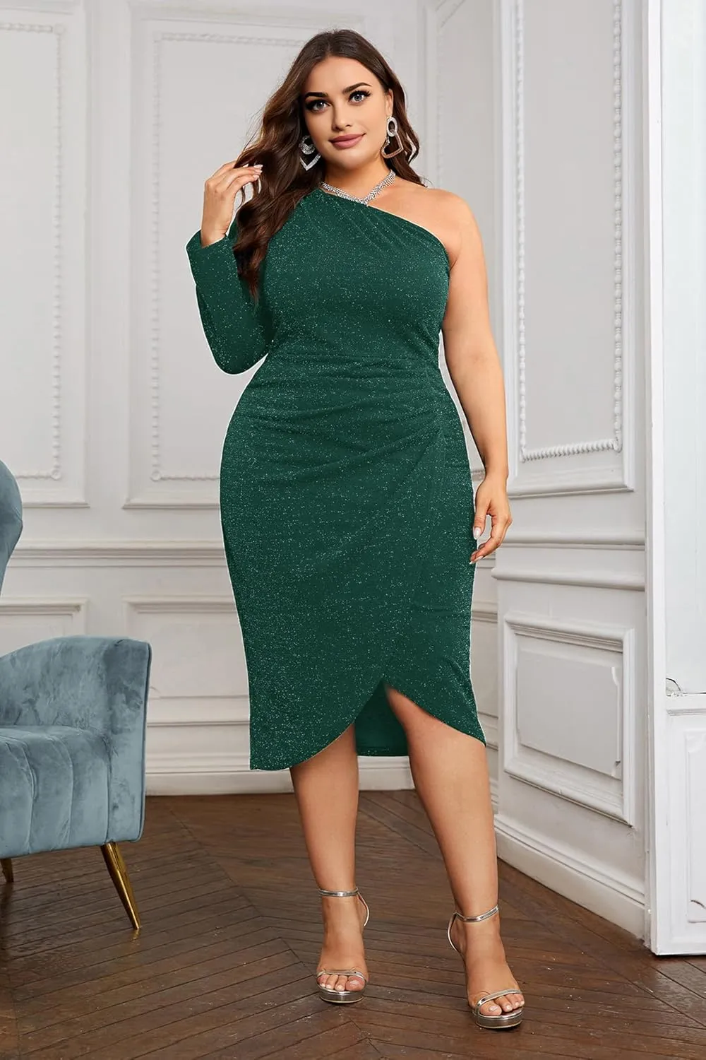 KIMCURVY Women's Plus Size Formal Dress Glitter Cocktail One Shoulder Dresses Ruched Wrap Sparkly Party Midi Bodycon Dress