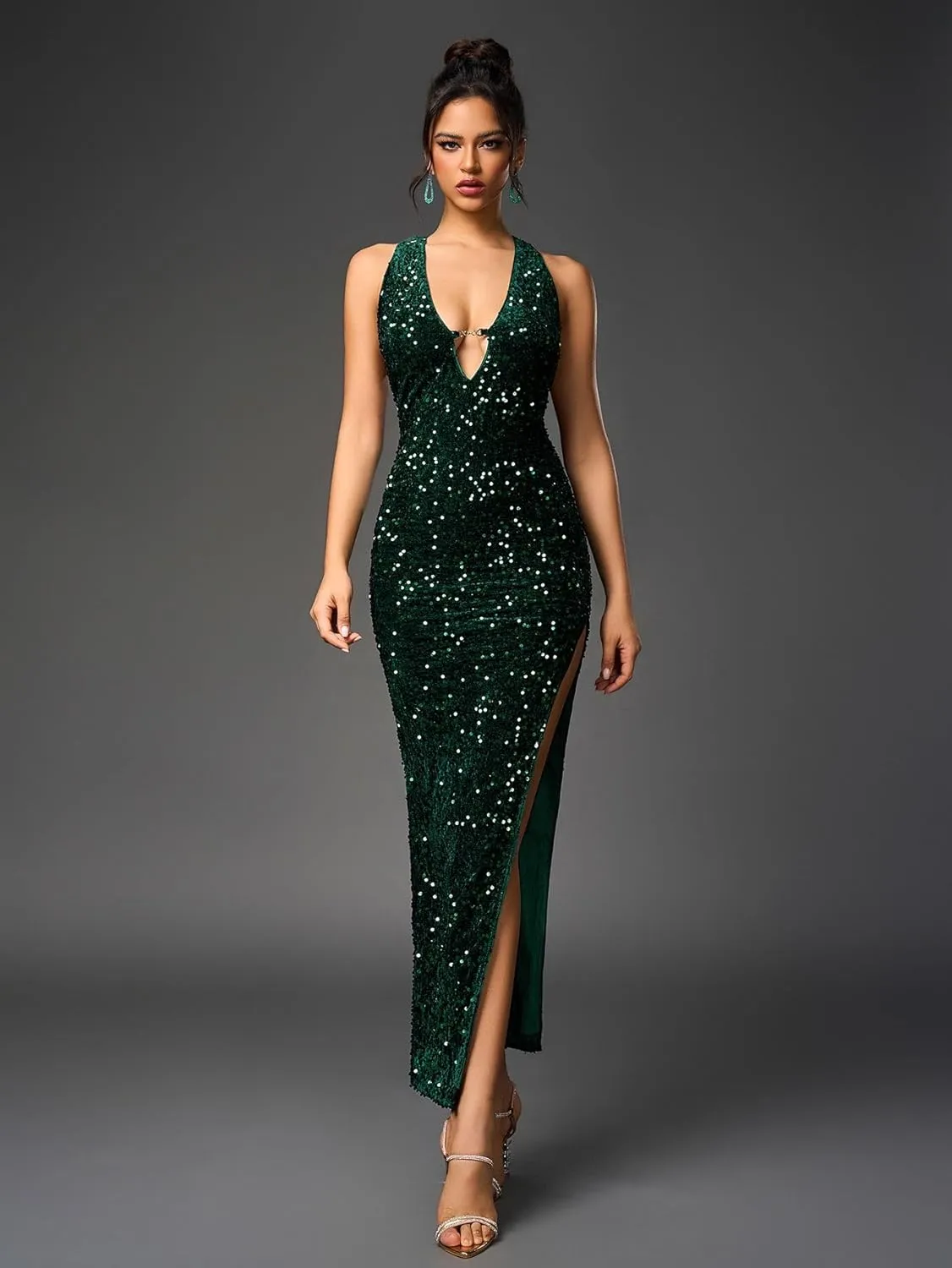 KUTUMAI Women Velvet Sequin Sparkly Maxi Dress Sexy V Neck Split Cocktail Formal Evening Dresses for 2024 Winter