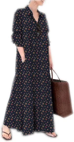 Ladyful Women's Floral Printed Cotton Linen Shirt Dress Button Down Llong Shirtdress Casual Beach Maxi Sundress