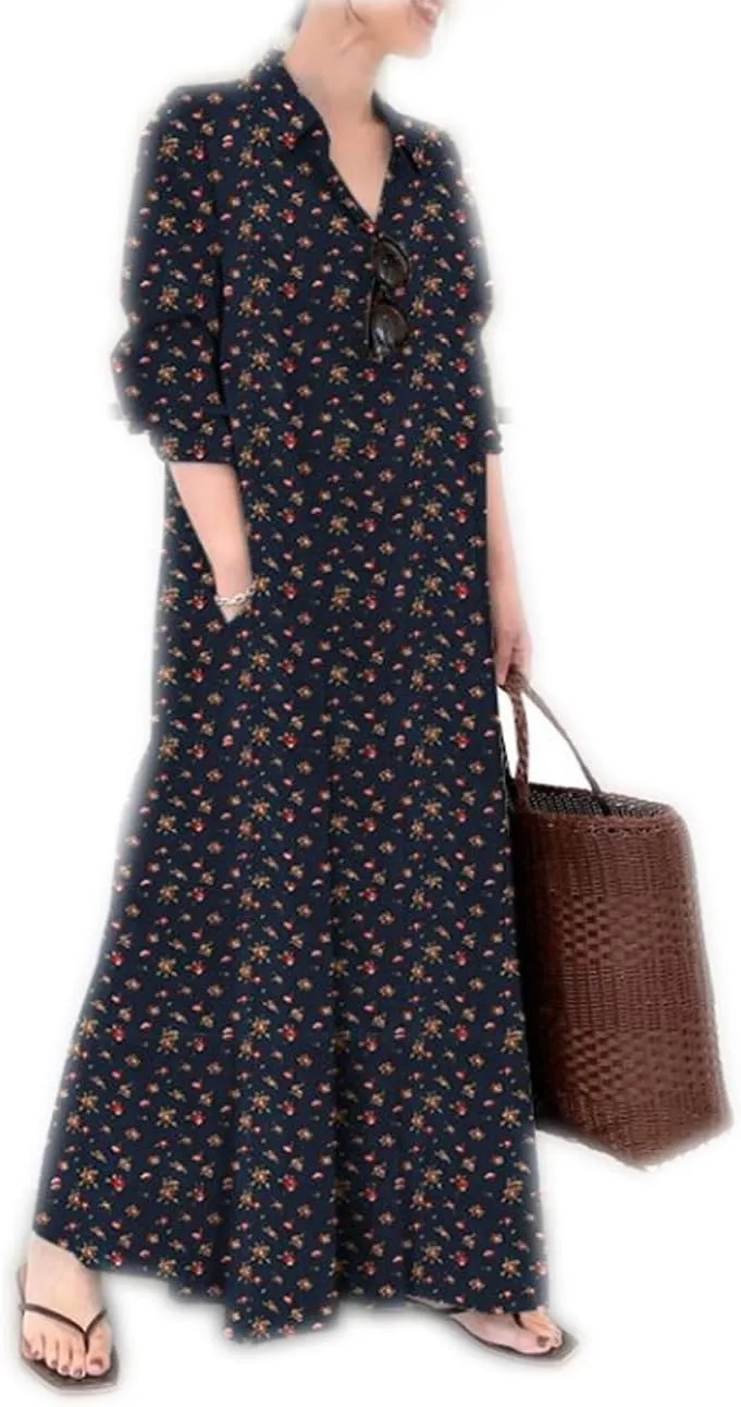 Ladyful Women's Floral Printed Cotton Linen Shirt Dress Button Down Llong Shirtdress Casual Beach Maxi Sundress