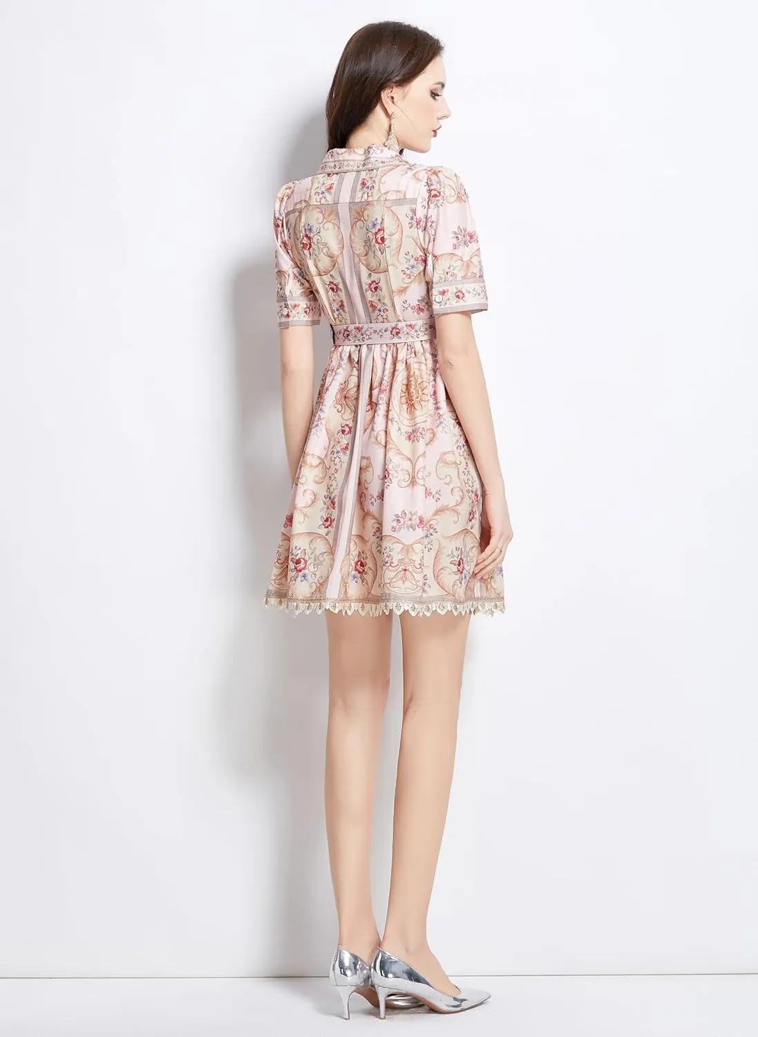 LAI MENG FIVE CATS Women's Short Sleeves V Neck Floral Lace Hem Button Elegant Mini Dress with Belt