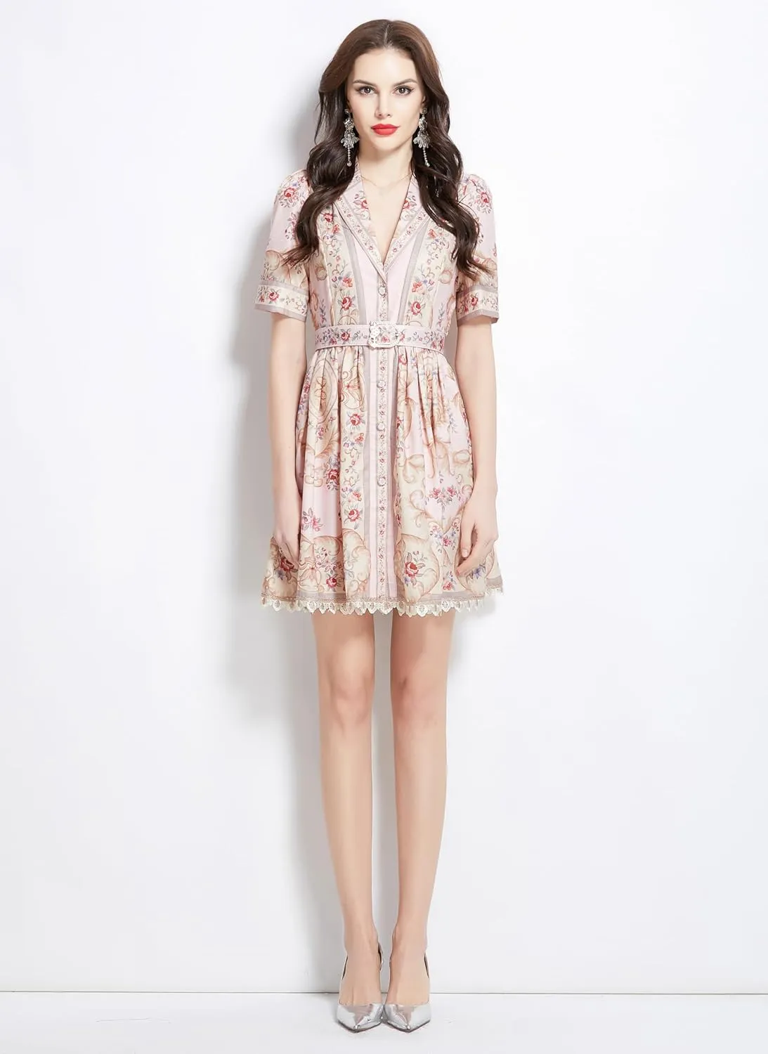 LAI MENG FIVE CATS Women's Short Sleeves V Neck Floral Lace Hem Button Elegant Mini Dress with Belt