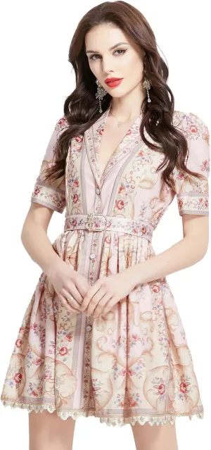 LAI MENG FIVE CATS Women's Short Sleeves V Neck Floral Lace Hem Button Elegant Mini Dress with Belt