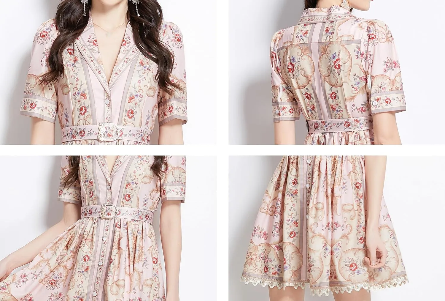 LAI MENG FIVE CATS Women's Short Sleeves V Neck Floral Lace Hem Button Elegant Mini Dress with Belt