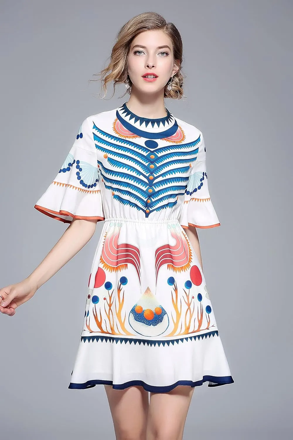 LAI MENG FIVE CATS Women's Summer Boho Bell Sleeve Floral Print Round Neck Casual Swing Mini Dress