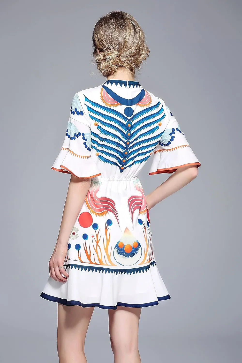 LAI MENG FIVE CATS Women's Summer Boho Bell Sleeve Floral Print Round Neck Casual Swing Mini Dress