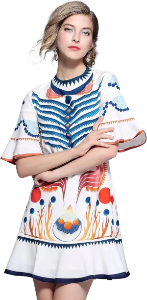 LAI MENG FIVE CATS Women's Summer Boho Bell Sleeve Floral Print Round Neck Casual Swing Mini Dress