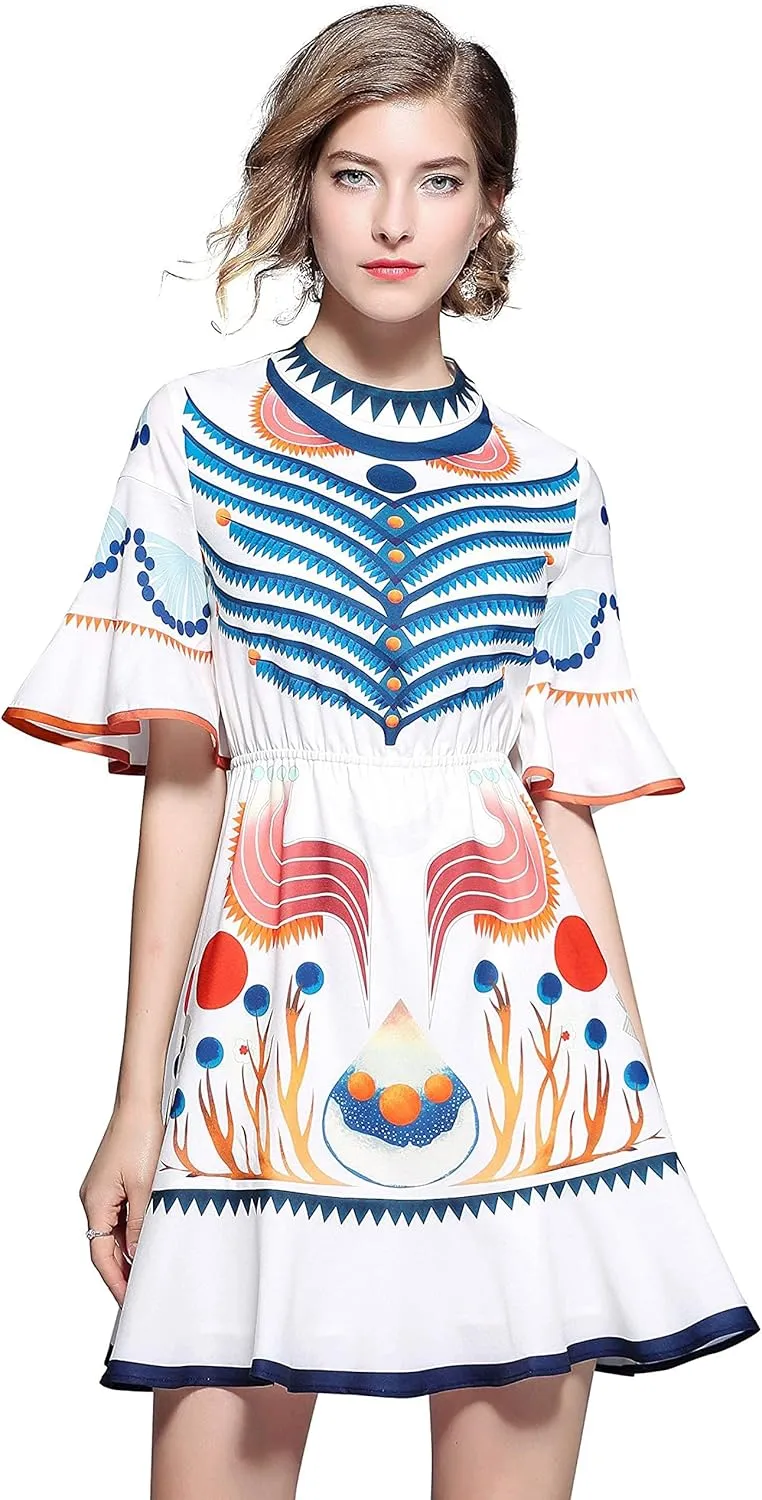 LAI MENG FIVE CATS Women's Summer Boho Bell Sleeve Floral Print Round Neck Casual Swing Mini Dress