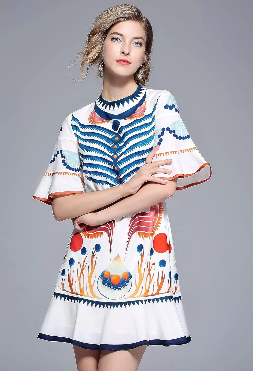 LAI MENG FIVE CATS Women's Summer Boho Bell Sleeve Floral Print Round Neck Casual Swing Mini Dress