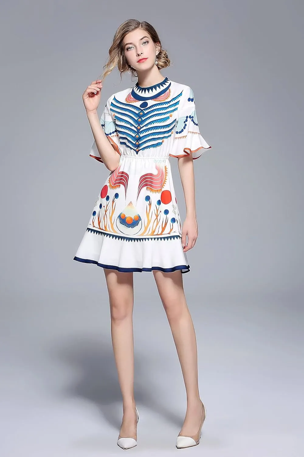 LAI MENG FIVE CATS Women's Summer Boho Bell Sleeve Floral Print Round Neck Casual Swing Mini Dress