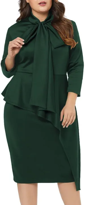 LALAGEN Women's Plus Size Long Sleeve Peplum Tie Neck Bodycon Pencil Midi Dress