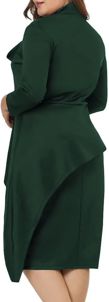 LALAGEN Women's Plus Size Long Sleeve Peplum Tie Neck Bodycon Pencil Midi Dress