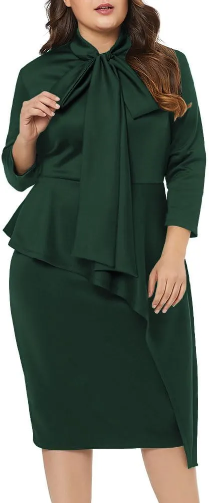 LALAGEN Women's Plus Size Long Sleeve Peplum Tie Neck Bodycon Pencil Midi Dress