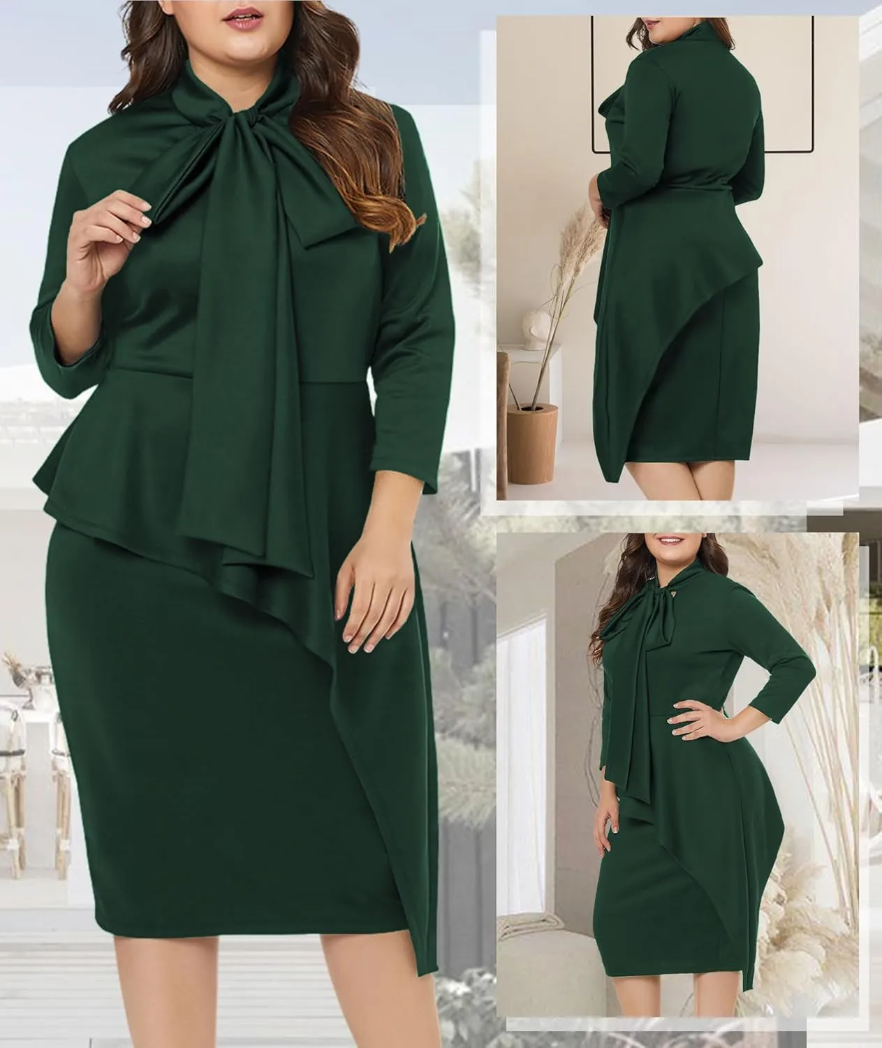 LALAGEN Women's Plus Size Long Sleeve Peplum Tie Neck Bodycon Pencil Midi Dress
