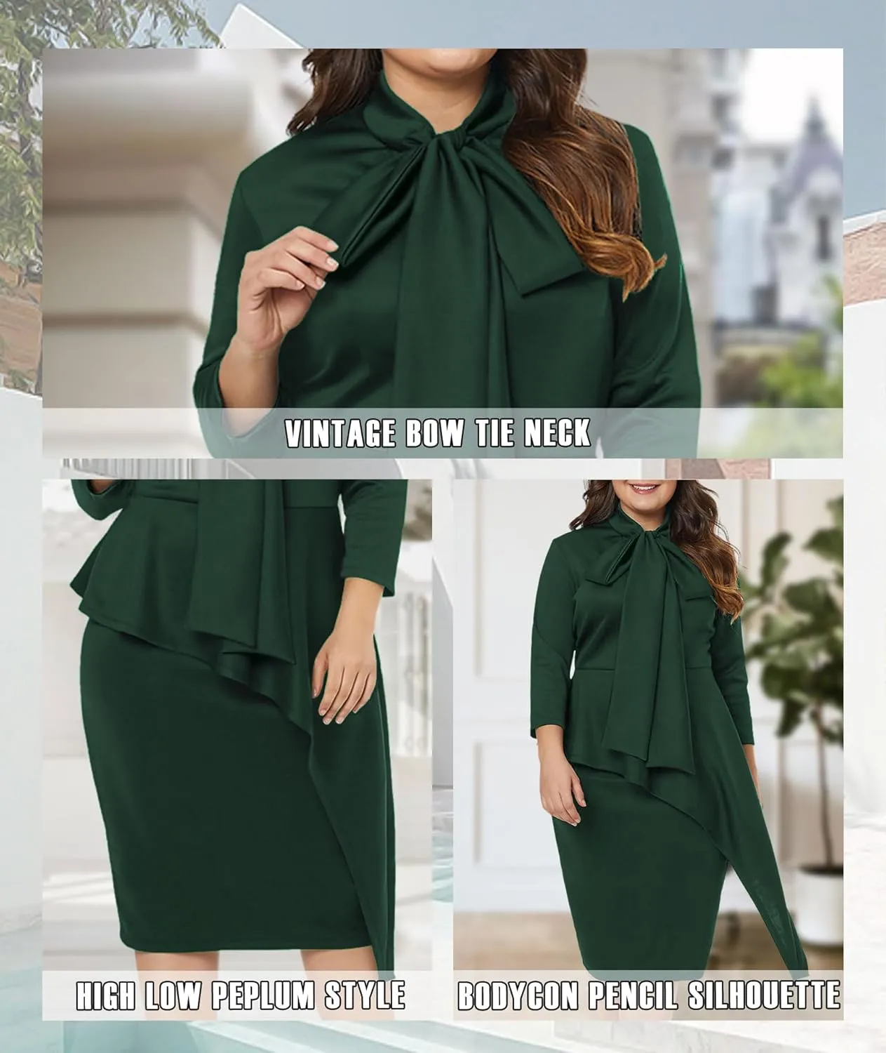 LALAGEN Women's Plus Size Long Sleeve Peplum Tie Neck Bodycon Pencil Midi Dress
