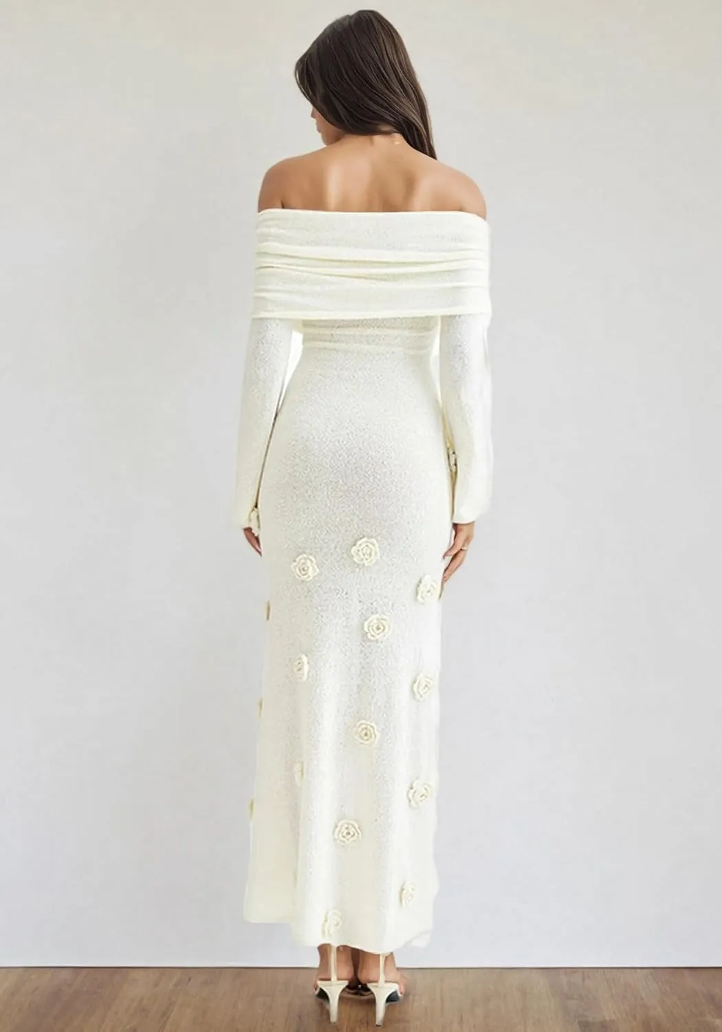 LETSVDO Women's Off The Shoulder Crochet Maxi Dress Long Sleeve Bodycon 3D Floral Knit Mesh Sweater Sexy Party Dresses