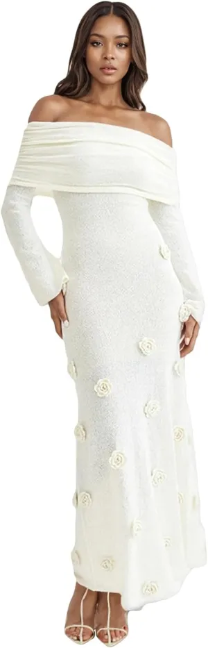 LETSVDO Women's Off The Shoulder Crochet Maxi Dress Long Sleeve Bodycon 3D Floral Knit Mesh Sweater Sexy Party Dresses