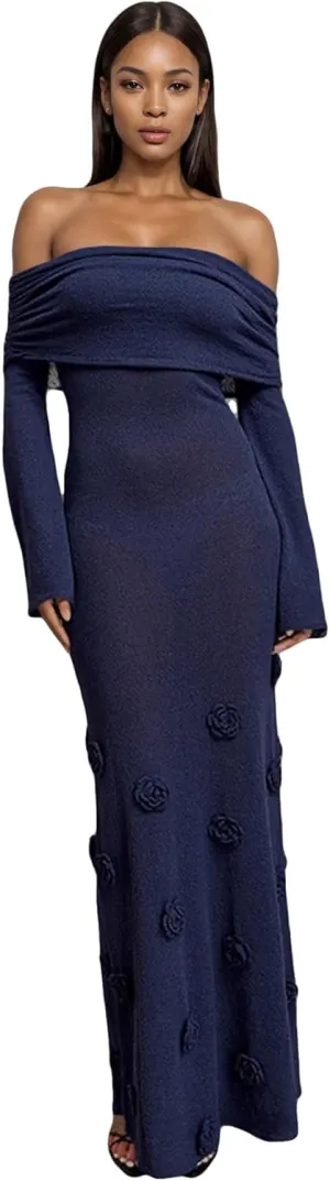 LETSVDO Women's Off The Shoulder Crochet Maxi Dress Long Sleeve Bodycon 3D Floral Knit Mesh Sweater Sexy Party Dresses