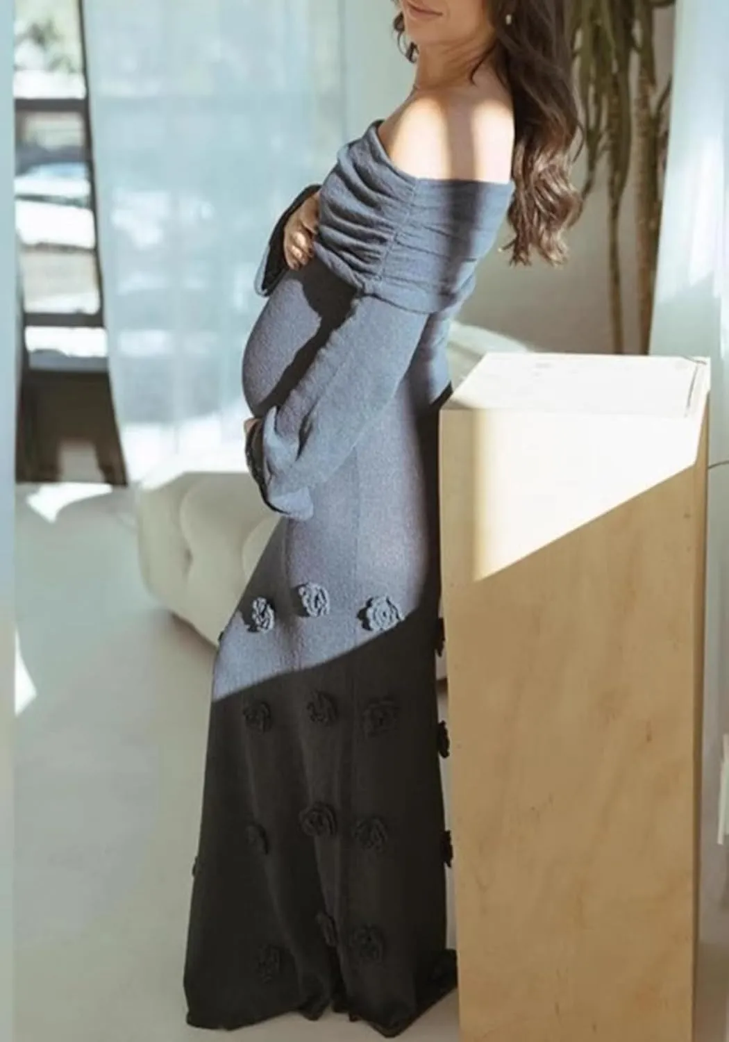 LETSVDO Women's Off The Shoulder Crochet Maxi Dress Long Sleeve Bodycon 3D Floral Knit Mesh Sweater Sexy Party Dresses
