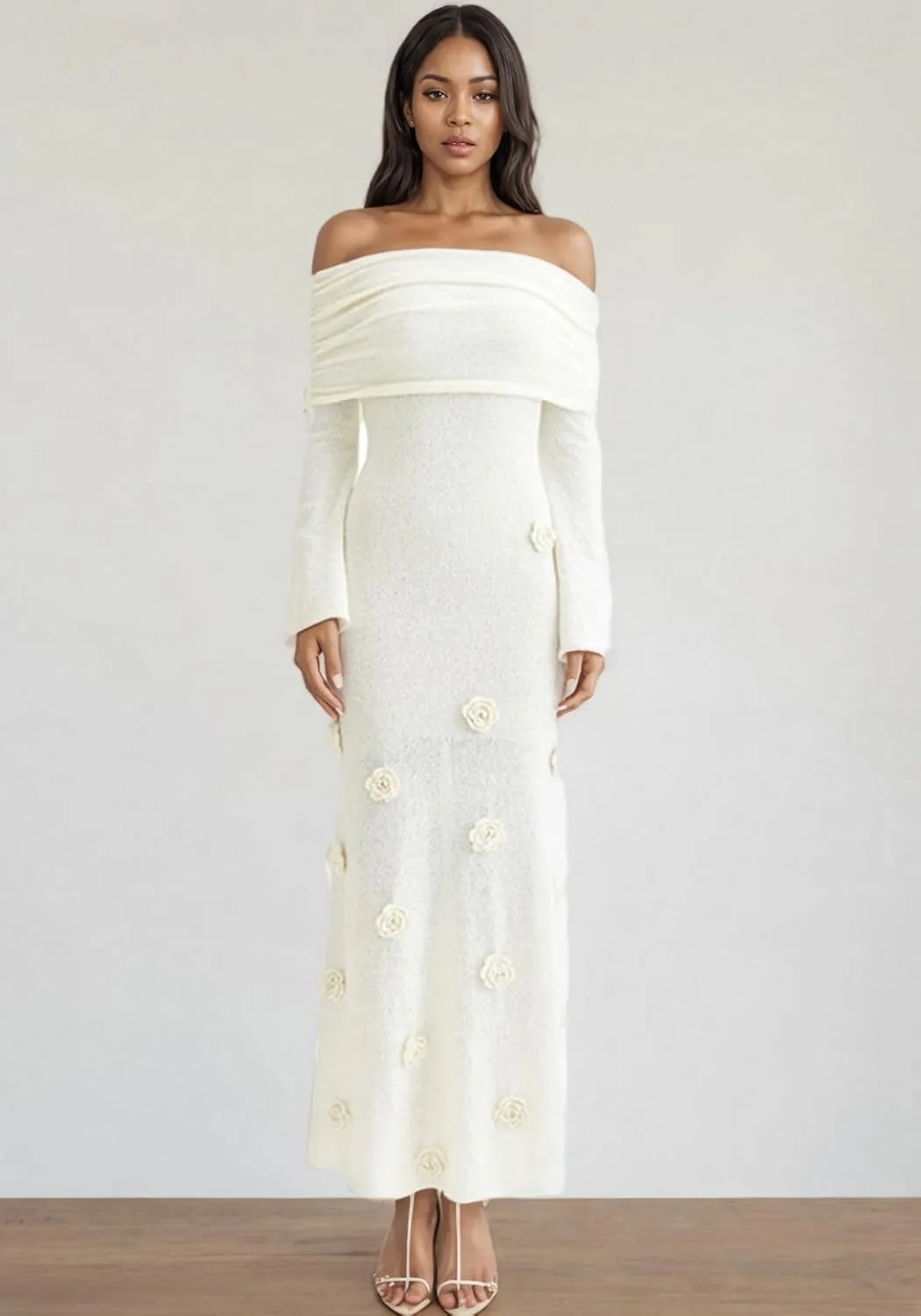LETSVDO Women's Off The Shoulder Crochet Maxi Dress Long Sleeve Bodycon 3D Floral Knit Mesh Sweater Sexy Party Dresses