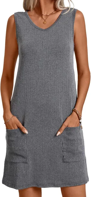 levaca Sundresses for Women 2024 Sleeveless V Neck Ribbed Tank Casual Summer Dress with Pockets